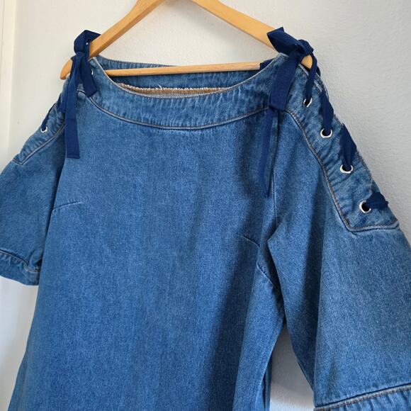 Anthropologie Maeve Denim Mini Dress Tunic Size M Shoulder Tie Boho Cottage - Picture 3 of 9